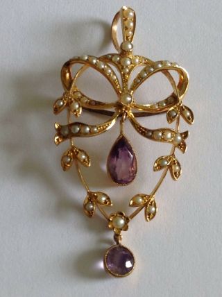Fine Victorian 15ct Gold Amethyst & Seed Pearl Set Ribbon Bow Pendant