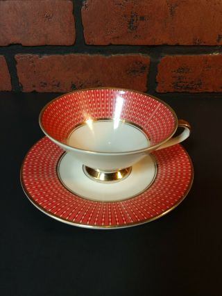 Vintage Zeh Scherzer Tea Cup And Saucer,  Red W/ Gold,  Mid Century Modern