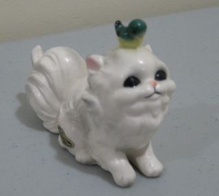 Rare Josef Originals White Fluffy Persian Cat Kitten Kitty Bird Xmas Blue Figuri