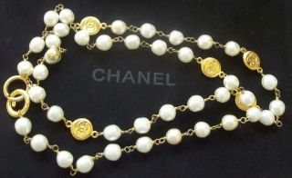 Chanel Made In France Vintage Necklace Gold Cc Logo & Pearl Sautoir Classic Haut