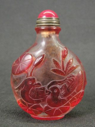 Chinese Mandarin Duck Carp Carved Peking Overlay Glass Snuff Bottle