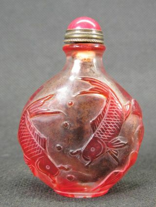 Chinese Mandarin Duck Carp Carved Peking Overlay Glass Snuff Bottle 4
