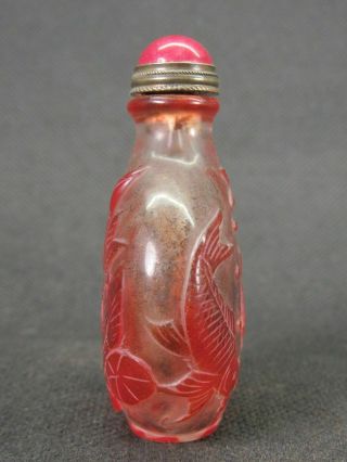 Chinese Mandarin Duck Carp Carved Peking Overlay Glass Snuff Bottle 6