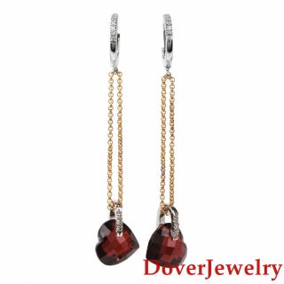 Estate Diamond Garnet 18k Gold Heart Dangle Earrings Nr