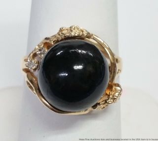Vintage 14k Yellow Gold Black Coral Diamond Ladies Ring 1950s 4.  7g Size 7