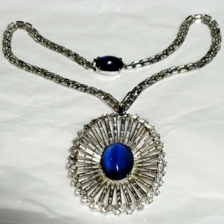 Vintage Signed Crown Trifari Blue Cabochon Baguette Rhinestone Rhodium Necklace