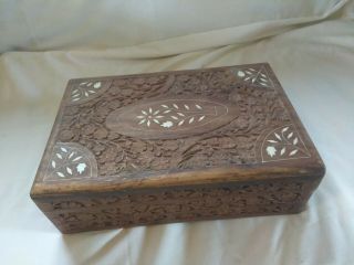 Vintage Wood Hand Carved Hinged Folk Art Box Flower Inlay Design Made In India