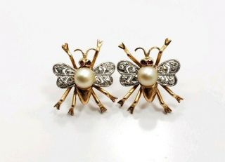 Art Deco Mid Century Vintage 14k Yellow Gold Pearl Diamond Ruby Bug Earrings