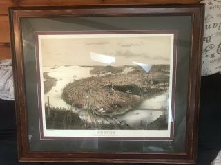 Antique Birdseye Boston From The North 1877 Lithograph By John Bachmann Ma Map