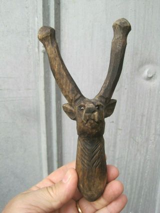 Vintage Hand Carved Deer Stag Head Sling Shot Appalachian Folk Art B0781