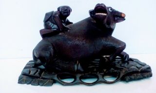 Sculpture Man On Water Buffalo,  On Stand Height 15cm - Chinese Hardwood