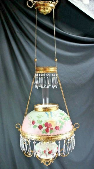 Antique Miller Hanging Parlor Oil Lamp Milk Glass Student Shade Hand Painted