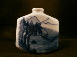 Special 19thC Chinese Blue & White Porcelain Landscape Flat Snuff Bottle Z122 4