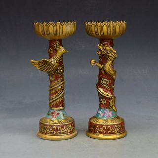 A Pair Chinese Antiques Brass Handwork Cloisonne Dragon & Phoenix Candlestick