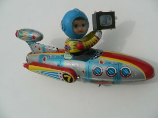 Vintage Rocket Ship Spaceman Friction Tin Toy Battery Operated 14 1/2 " Me 777