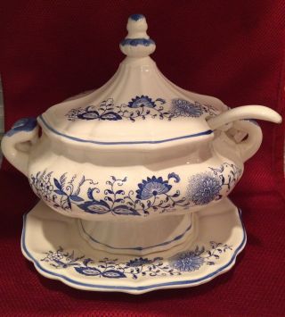 Large Blue & White Ceramic Soup Tureen With Under Plate And Ladle Spoon