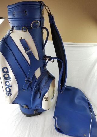 Vintage Adidas Golf Bag Blue White Full Size W/ Strap & Cover Leather Rare