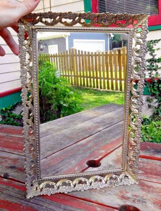 Ornate Flower Frame Gold Tone Metal Tray Or Stand Up Vanity Mirror 11 X 16.  5