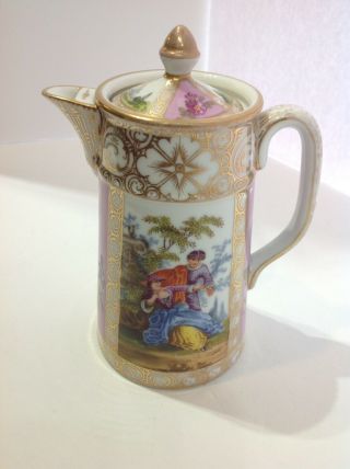 Dresden Porcelain Chocolate Pot.  Hand Painted Scenes.  Antique Germany