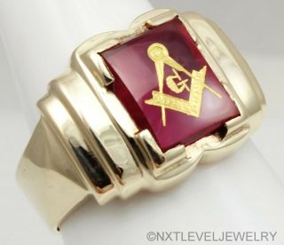 Heavy 8 Gram Antique Masonic Symbol Hand Etched Ruby 10k Solid Gold Men 