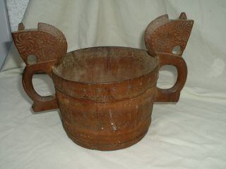 An Antique Norwegian Folk Art Carved Wood stave Ale Bowl 11