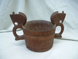 An Antique Norwegian Folk Art Carved Wood Stave Ale Bowl