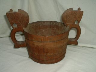 An Antique Norwegian Folk Art Carved Wood stave Ale Bowl 2