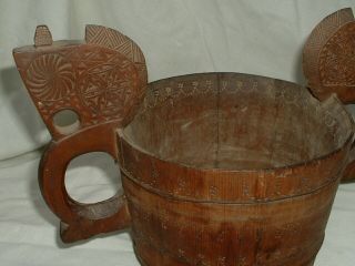 An Antique Norwegian Folk Art Carved Wood stave Ale Bowl 3