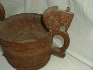 An Antique Norwegian Folk Art Carved Wood stave Ale Bowl 4