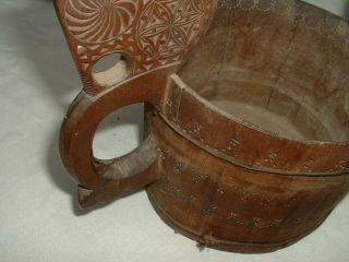 An Antique Norwegian Folk Art Carved Wood stave Ale Bowl 9