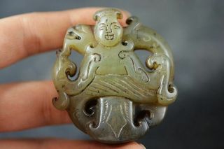 Delicate Chinese Old Jade Carved People/dragon/phoenix Amulet Pendant J14