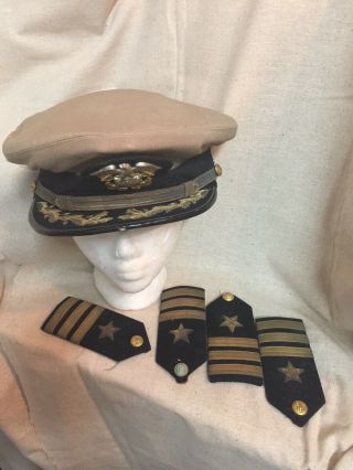 Vintage Wwii Us Navy Captains Officers Cap/hat Bullion Khaki 4 Shoulder Epaulets