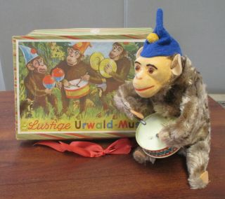 Vtg Hupsi Wind Up Musical Monkey Drumming Toy W/orig Box W.  Germany