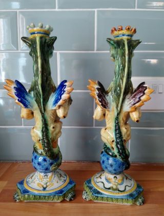 Rare Antique Italian 19thC Cantagalli Maiolica Royal Mythical Beast Candlesticks 6