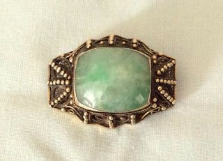 Antique Chinese Jade Silver Gilt Filigree Pin Brooch