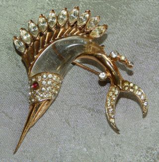 Vintage Jelly Belly Brooch Pin Sterling Silver & Lucite Sword Fish Coro 523