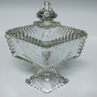 Antique Clear Glass Diamond Shaped Compote Footed Candy Dish With Lid - Rare