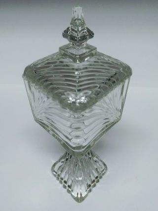Antique Clear Glass Diamond Shaped Compote Footed Candy Dish with Lid - Rare 2