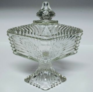 Antique Clear Glass Diamond Shaped Compote Footed Candy Dish with Lid - Rare 3