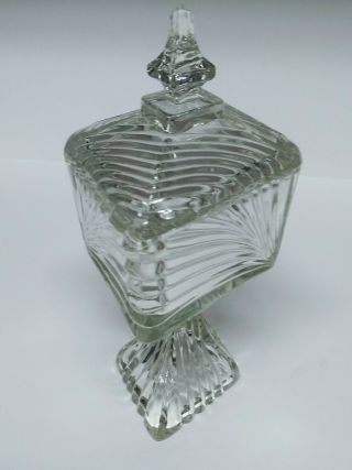 Antique Clear Glass Diamond Shaped Compote Footed Candy Dish with Lid - Rare 4
