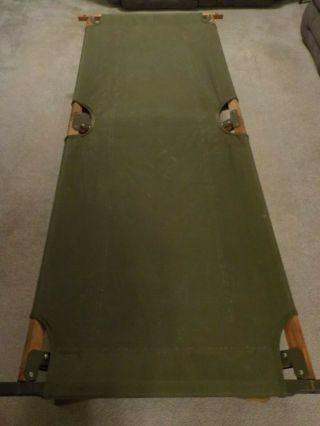 Vintage Us Military Canvas Cot Folding Green Wood Portable Army Bed Camping