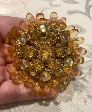 Vintage Signed Miriam Haskell Rare Large 3d Articulated Amber Lucite Brooch 3”
