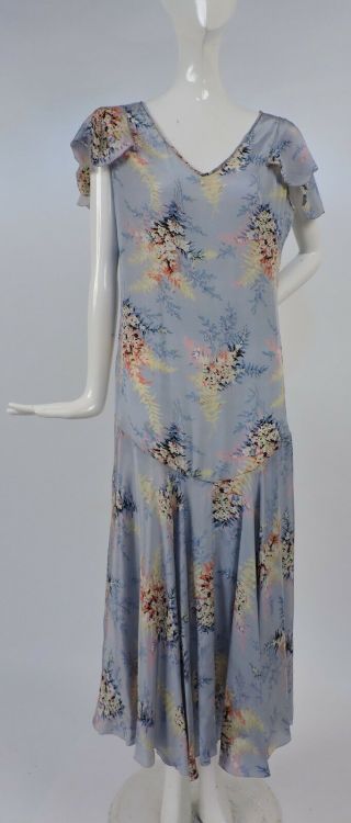 Antique 1930’s Floral Print Silk Dress W Ruffle Cape Shoulders
