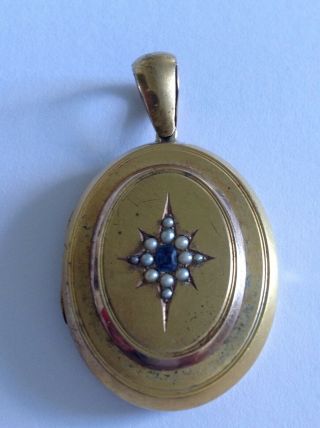 Fine Victorian 15ct Gold Sapphire & Seed Pearl Set Star Oval Locket - 15 Grammes