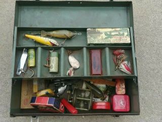 Antique Fishing Lure Tackle Box & Contents
