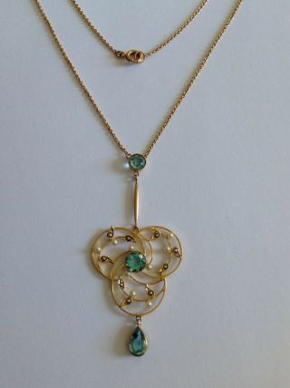 Delightful Art Nouveau 15ct Gold Aquamarine & Seed Pearl Pendant Necklace 2