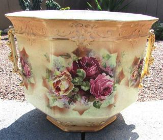 Antique Victorian Large Porcelain Flower Vase 2 Handles Painted Roses Gold Tints