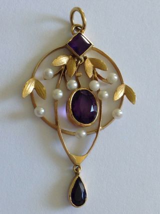 Naturalistic Art Nouveau 18ct Gold Amethyst & Seed Pearl Pendant