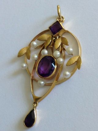 Naturalistic Art Nouveau 18ct Gold Amethyst & Seed Pearl Pendant 2