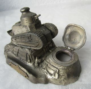 Sir De Verdun.  Antique Vintage Figural Metal Ink Well Tank French,  Signed,  6 "